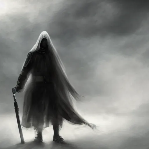 Image similar to ominous bedsheet ghost walking through the center of a battlefield, oil painting, gloomy misty atmosphere, symmetrical, full body image, highly ornate intricate details, very sharp photo,