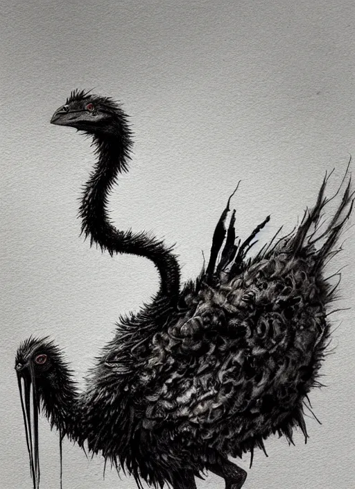 Prompt: goth emu, watercolor, dramatic lighting, cinematic, establishing shot, extremely high detail, foto realistic, cinematic lighting, pen and ink, intricate line drawings, by Yoshitaka Amano, Ruan Jia, Kentaro Miura, Artgerm, post processed, concept art, artstation, matte painting, style by eddie mendoza, raphael lacoste, alex ross