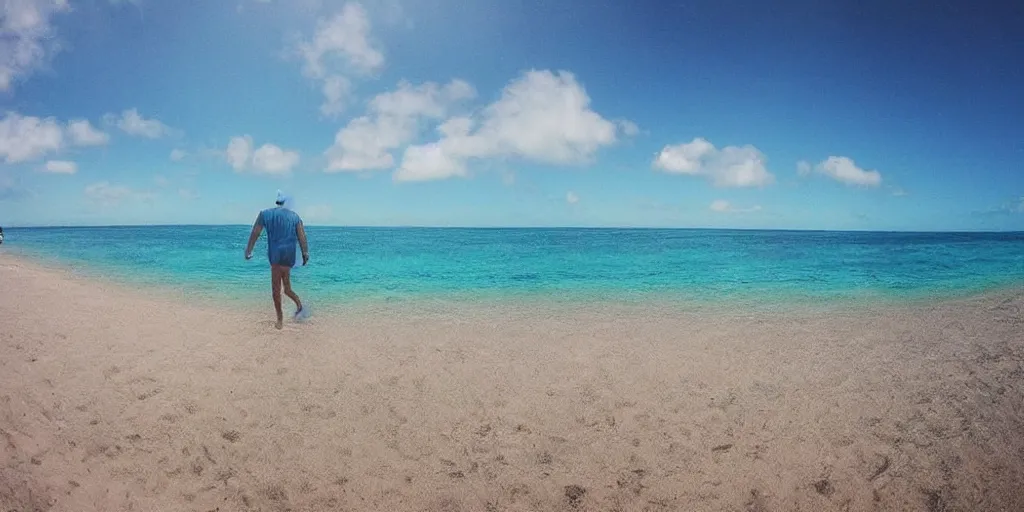 Prompt: gopro footage of a man walking into the ocean, azure blue water, slight grain