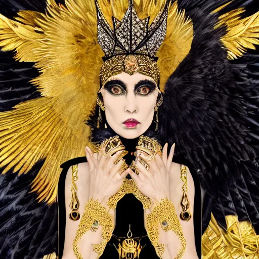 Image similar to a breathtaking portrait of a fierce proud queen of ravens, in a black dress with a collar made of iridescent feathers and golden adornments, geometrical background, gold foil, intricate details, by soey milk and amir ershadi and anja millen