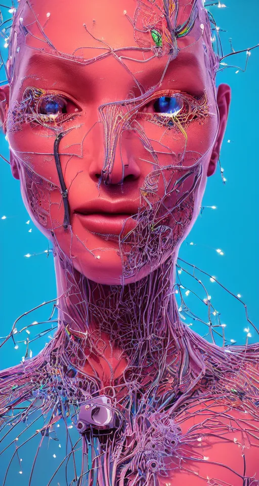 Prompt: cinema 4d colorful render, organic, ultra detailed, of a painted realistic face with sparking wires , scratched. biomechanical cyborg, analog, macro lens, beautiful natural soft rim light, smoke, veins, neon, winged insects and stems, roots, fine foliage lace, pink and pink details, art nouveau fashion embroidered, intricate details, mesh wire, computer components, motherboard, floppy disk eyes,mandelbrot fractal, anatomical, facial muscles, cable wires, elegant, hyper realistic, in front of dark flower and feather pattern wallpaper, ultra detailed, 8k post-production
