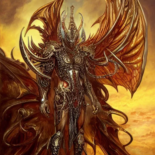 Image similar to a scary symmetrical muscular full body wearing a dragon armor with wings made of golden ornaments and gems, by alex gray and android jones , Karol Bak, Ayami Kojima, Amano , concept art, character design, fantasy,3D, 8k resolution