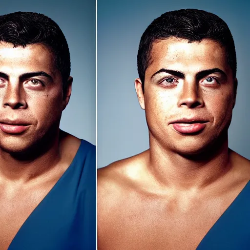 Prompt: ronaldo nazario fenomeno head and shoulders portrait photograph by martin schoeller