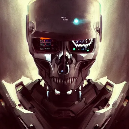 Image similar to skull - headed robot cyborg painting, illutstration, concept art, cyberpunk, futurism, comics art, artgerm, full body shot