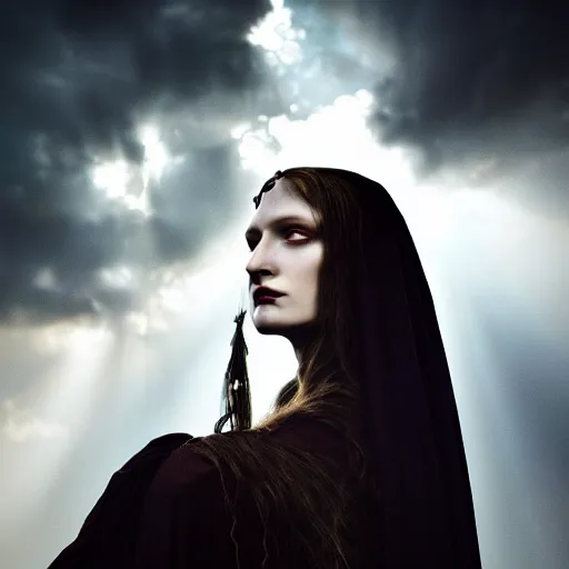 Prompt: photographic portrait of a stunningly beautiful female renaissance witch, dark moody clouds, god rays, contemporary fashion shoot, by edward robert hughes, annie leibovitz and steve mccurry, david lazar, jimmy nelsson, breathtaking, 8 k resolution, extremely detailed, establishing shot, artistic, hyperrealistic, perfect face, octane render