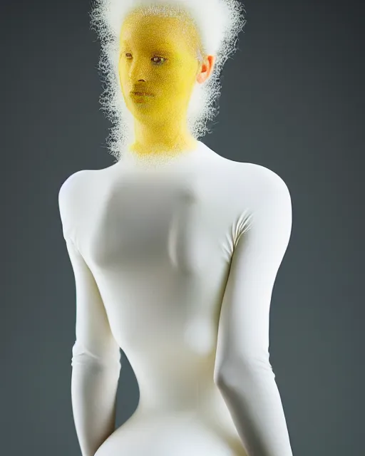 Prompt: portrait of a woman wearing a white embroidered translucent silicone mask and white yellow frizzy hair buns, wearing a black bodysuit by alexander mcqueen, cream white background, soft diffused light, biotechnology, humanoide robot, bjork aesthetic, translucent, by rineke dijkstra, intricate details, highly detailed, masterpiece,