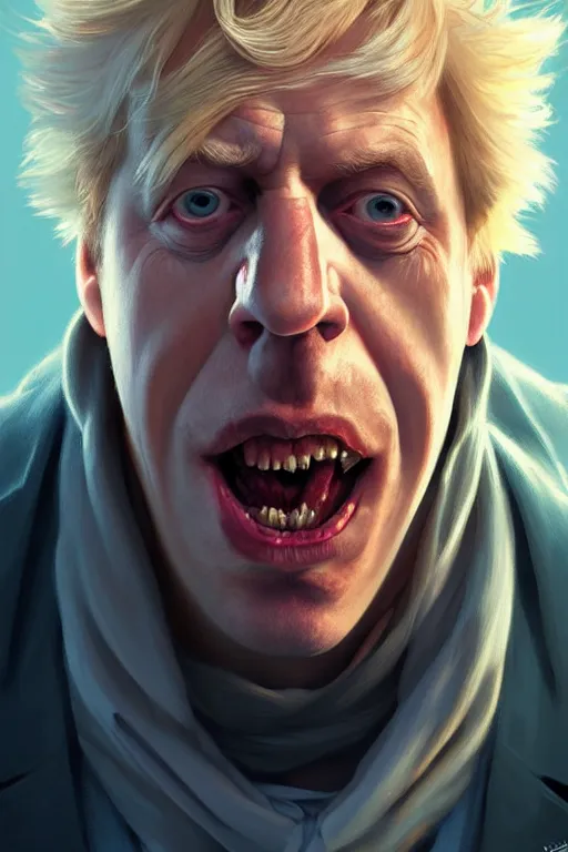 Image similar to Boris Johnson as Rick Sanchez, realistic portrait, symmetrical, highly detailed, digital painting, artstation, concept art, smooth, sharp focus, illustration, cinematic lighting, art by artgerm and greg rutkowski and alphonse mucha