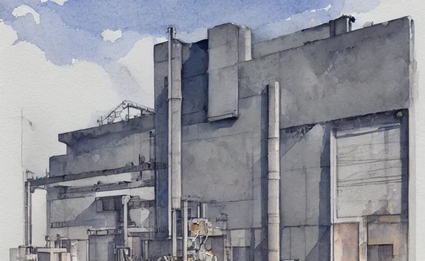 Image similar to concept art of a concrete factory exterior, pinterest, artstation trending, behance, watercolor, by coby whitmore, silver, laser light,