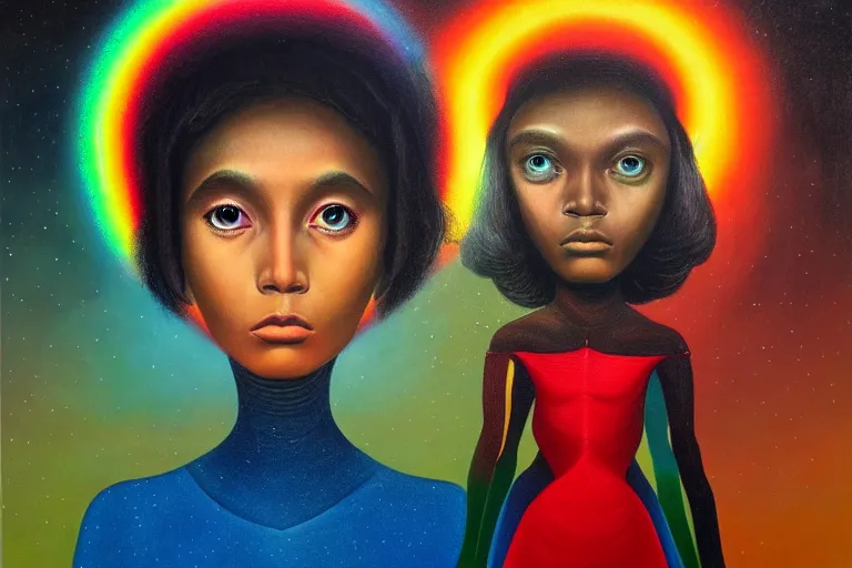 Image similar to patron saint of 🛸🌈👩🏾, futuristic clothing, neon god of city character portrait, in the style of margaret keane, moebius, tom bagshaw, and waterhouse, cinematic lighting, beautiful, elegant, oil painting,