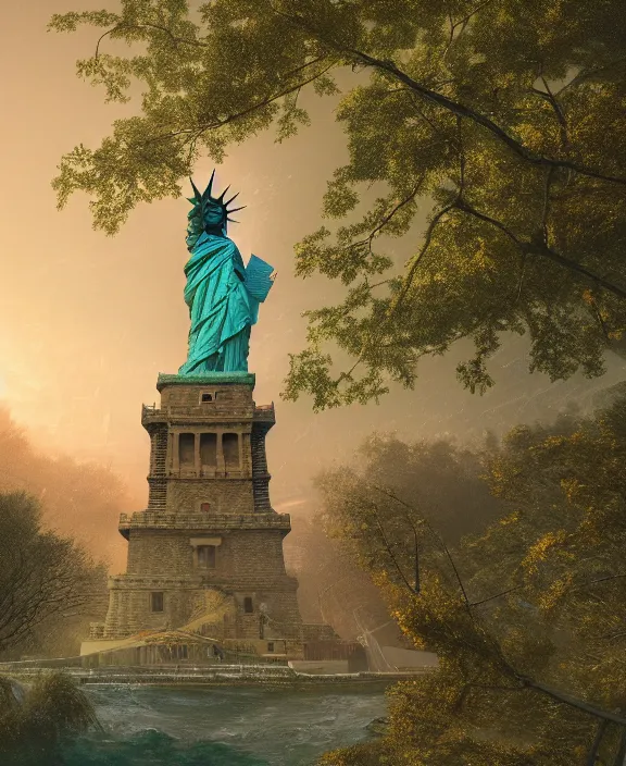 Prompt: highly detailed digital matte painting of a Lady Liberty statue covered in leaves and nature with overgrowth Full shot. By Raphael LaCoste and Ruan Jia and Robert McCall, postcyberpunk, geodesic dome, hyperdetailed, sunrise, wide shot, autochrome, octane render