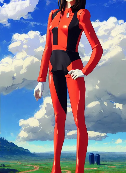 Image similar to full body portrait of a combination of Ashley Greene, Victoria Justice and Adriana Dxim, Grace Kelly and Lily Collins wearing a Plugsuit from Neon Genesis Evangelion, countryside, calm, fantasy character portrait, dynamic pose, above view, sunny day, thunder clouds in the sky, artwork by Jeremy Lipkin and Giuseppe Dangelico Pino and Michael Garmash and Rob Rey and Greg Manchess and Huang Guangjian, very coherent asymmetrical artwork, sharp edges, perfect face, simple form, 100mm