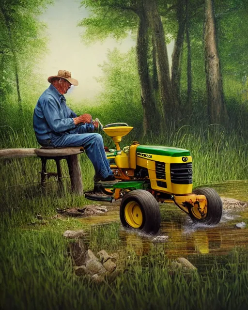 Prompt: old man in denim sat fishing in a wooded area with a john deere tractor in foreground, ultra realistic, concept art, intricate details, highly detailed