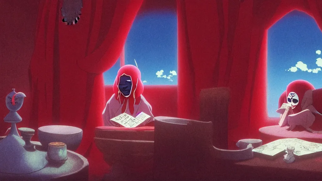 Image similar to a fortune teller wearing a mask sits in a red velvet room reading a fortune, anime film still from Studio Ghibli movie with art direction by Zdzisław Beksiński, wide lens