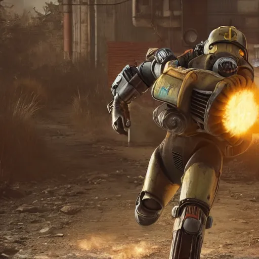 Image similar to Michael Scott in a fallout power armor, fallout4, rtx, raytracing, unreal engine, hyper realistic, sun rays