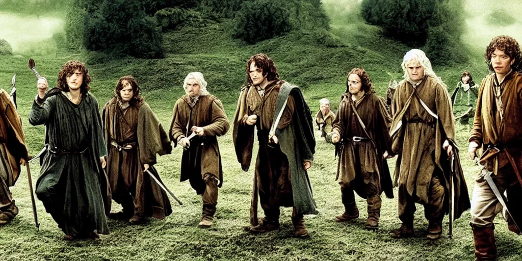 Image similar to the lord of the rings but frodo is the tallest among the fellowship promo shot from movie by peter jackson