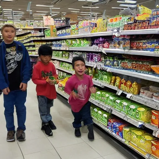 Prompt: my four sons comptin, diaygo, deetroyt, and ohklynd are making a mess in the grocery store and harassing the employees