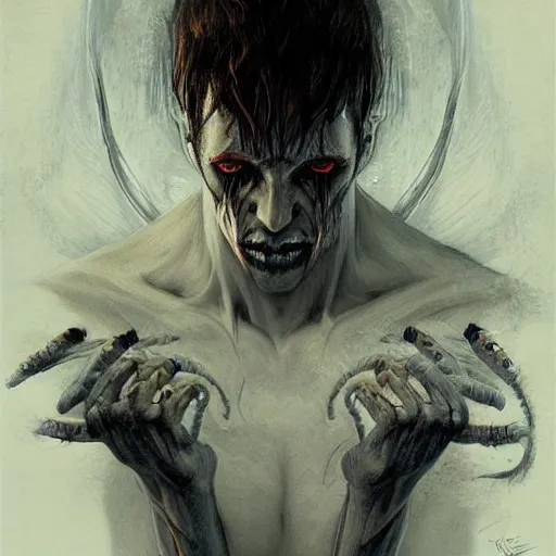 Prompt: concept drawing, demon possessed character, male. hair cut in half, left black, right white. demon noticeable by extra eyes, dark aura, cold look. made by karol bak