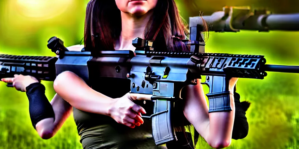 Image similar to hyperrealistic photo of a hot girl holding an ar - 1 5, 8 k