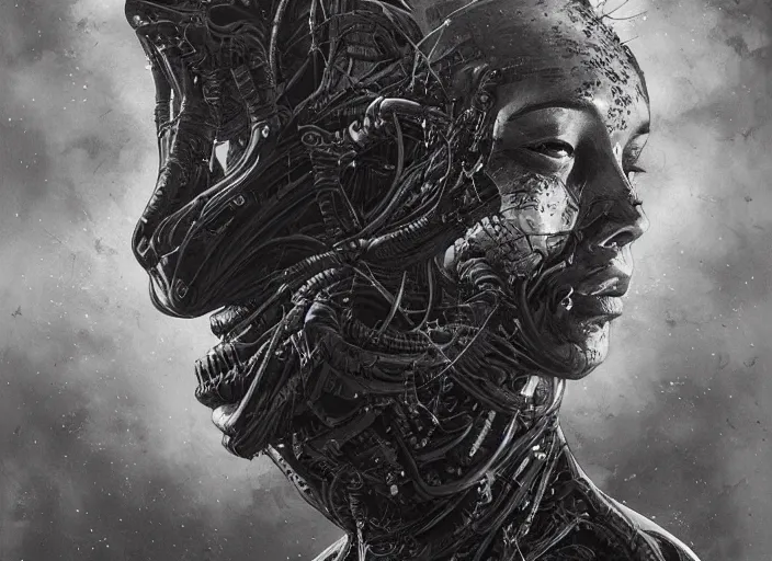 Prompt: a dream of a dystopic world full of aberration, black & white, melting, webbing, 8 k, by tristan eaton, stanley artgerm, tom bagshaw, greg rutkowski, carne griffiths, ayami kojima, beksinski, giger, trending on deviantart, face enhance, hyper detailed, minimalist, horror, alien