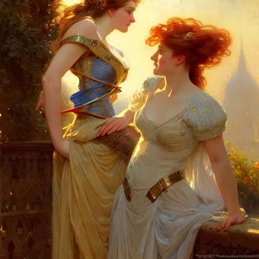 Prompt: attractive guinevere pendragon and her attractive female knight, they are in love, natural lighting, path traced, highly detailed, high quality, digital painting, by gaston bussiere, craig mullins, alphonse mucha j. c. leyendecker