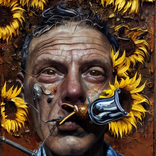 Image similar to an extreme close up portrait a wizard smoking a pipe, front angle, by Lucian Freud and Jenny Saville and Anselm Kiefer, oil painting, rust, Scaffolding, rusted metal and sunflowers, iron cladding, decay, mixed media, textured, anatomically correct, beautiful perfect face, visible brushstrokes, sharp focus, Highly Detailed, Cinematic Lighting, 8k, HD