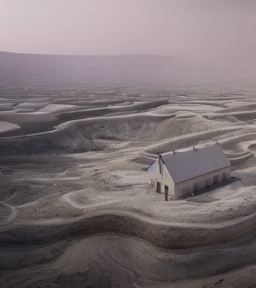 Image similar to a matte painting of a white stepped architecture in the mining tailings in the desert, biroremediation, prairie, cottage town, foggy, patchy flowers, oil painting, pale colors, high detail, 8 k, wide angle, trending on artstation, behance