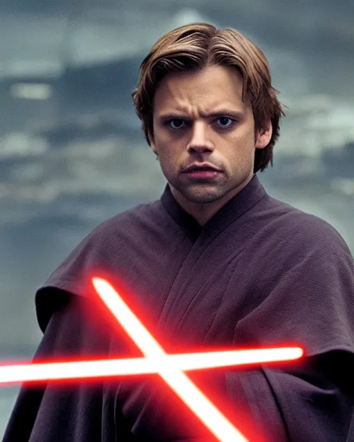 Image similar to sebastian stan portraying a beautiful luke skywalker grand master jedi from star wars legends, in a jedi robe, without lightsaber, movie, hyper realistic, hollywood promotional image, imax, 8 k