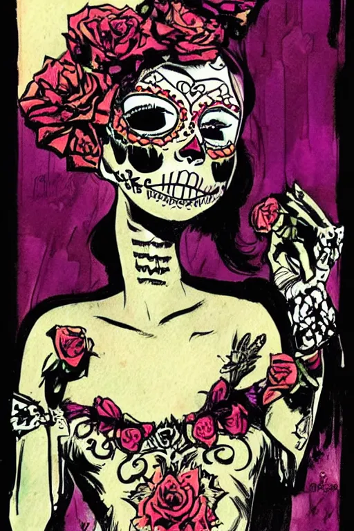 Image similar to Illustration of a sugar skull day of the dead girl, art by will eisner
