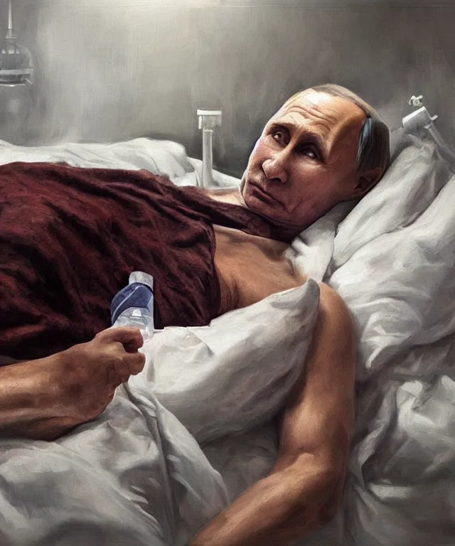 Prompt: a super very hyperrealistic oil painting of ill Vladimir Putin as a patient wearing an oxygen mask on a death bed inhaling from Copium tank that stand near his bed, visible face, artstation, matte painting, highly detailed, intricate, concept art, dramatic cinematic lighting