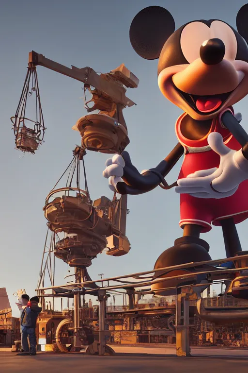 Image similar to workers / mechanic working on mickey mouse giant head, low cinematic lighting, front lit, beeple, cgsociety, unreal engine, octane render, trending on art station, highly detailed 4 k art, intricate, hyperr realistic