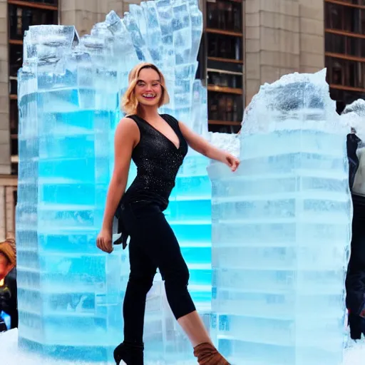 Prompt: a beautiful margot robbie ice sculpture standing in a crowded city, 8 k resolution, high detail