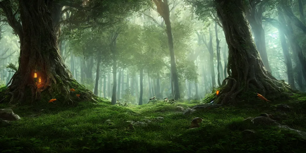 Prompt: enchanted forest, unreal engine 5, atmosphere, gorgeous, depth of field, landscape, lush, cinematic, macro, artstation, wlop, elegant, epic, weta digital, focus, octane render, v-ray, 8k, kodak portra, art by Mahmoud Sai