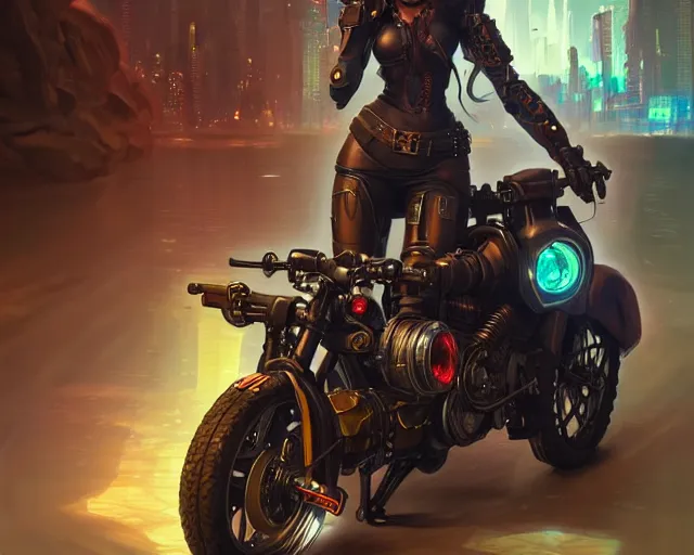 Prompt: teenager with cyberpunk motorcycle, deep focus, d & d, fantasy, intricate, elegant, highly detailed, digital painting, artstation, concept art, matte, sharp focus, illustration, hearthstone, art by artgerm and greg rutkowski and alphonse mucha