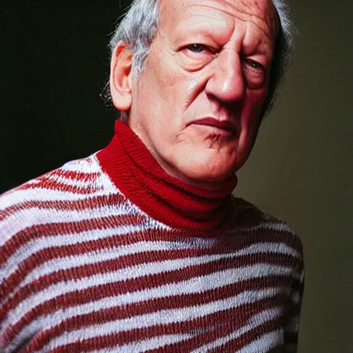 Image similar to werner herzog wearing a where's wally red and white striped turtleneck top. realistic photo.