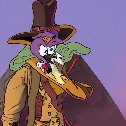 Image similar to an ultradetailed animation of darkwing duck dressed as the hunter from bloodborne, let's get dangerous, in the style animation of darkwing duck, digital art, dark fantasy, concept art, soulslike, by alphonse mucha, blood moon eclipse, wherewolves in a ruined building in the background, artstation, 8 k, unreal engine render