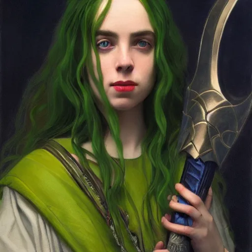 Image similar to Billie Eilish as Loki, Goddess of Mischief, oil on canvas, noir, trending on artstation, by J. C. Leyendecker and Edmund Blair Leighton and Charlie