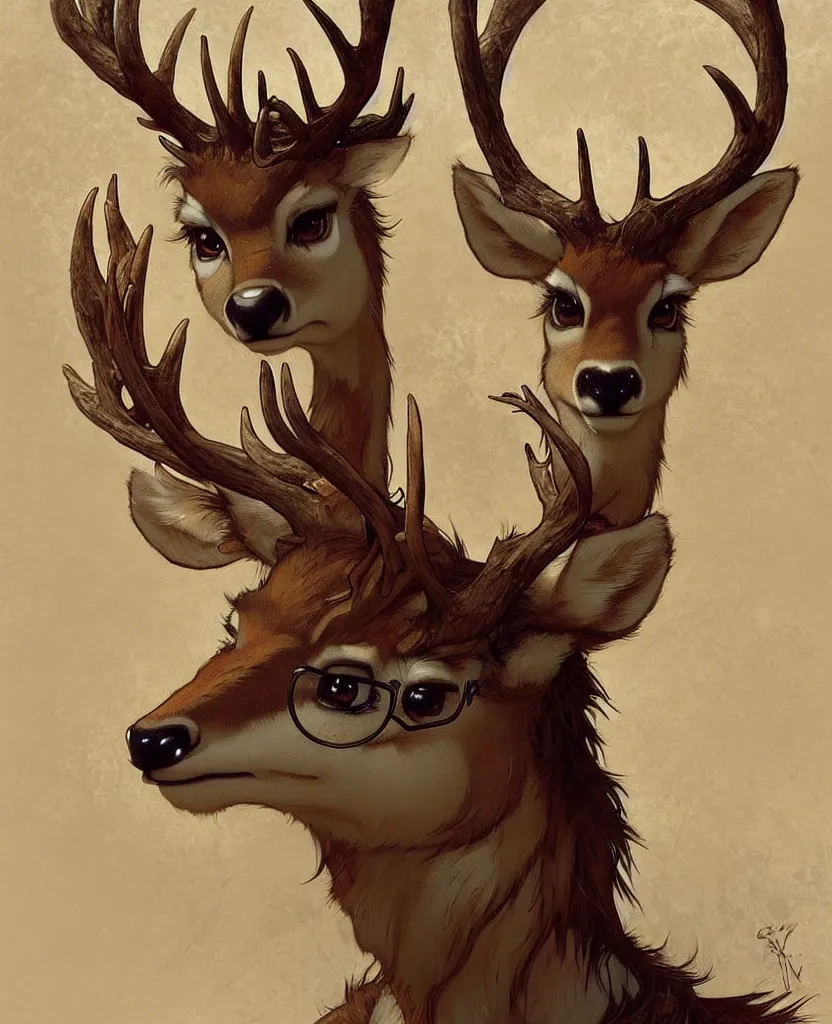 Image similar to anthropomorphic shy and nerdy deer with exquisite antlers. Renowned character illustration by greg rutkowski, thomas kindkade, alphonse mucha, loish, norman rockwell. Trending on FurAffinity.