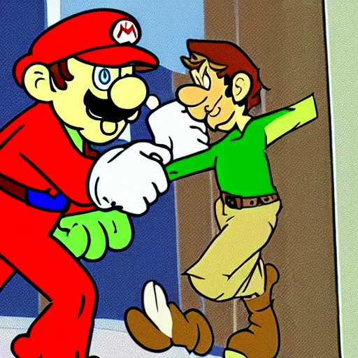 Prompt: shaggy rogers fighting mario