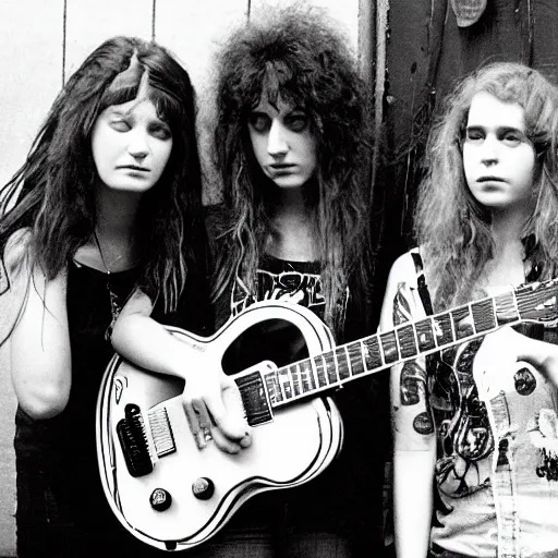 Image similar to Group of 19-year-old women holding electric guitars, long shaggy hair, stoner rock, punk rock, grunge rock, alternative rock, noise rock, Subpop, grunge, band promo photo, 1991 photograph