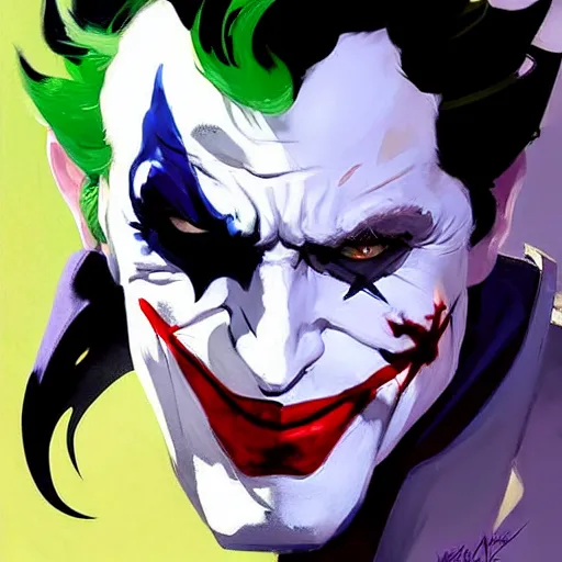 Image similar to Greg Manchess portrait painting of The Joker as Overwatch character, medium shot, asymmetrical, profile picture, Organic Painting, sunny day, Matte Painting, bold shapes, hard edges, street art, trending on artstation, by Huang Guangjian and Gil Elvgren and Sachin Teng