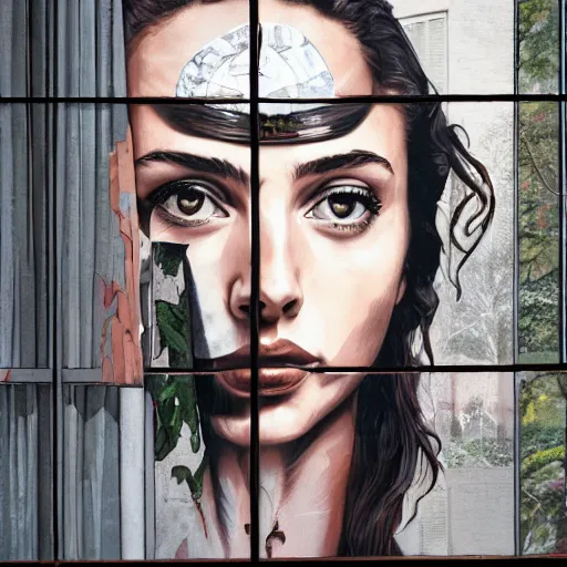 Image similar to by sandra chevrier chestnut, slate grey hyperdetailed. a installation art of a beautiful gal gadot seated at a window, looking out at the viewer with a serene expression on her face. the light from the window illuminates her features & creates a warm, inviting atmosphere. the essence of beauty & tranquility.