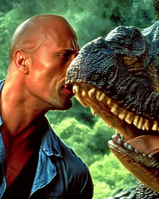 Prompt: Film still close-up shot of Dwayne Johnson kissing a dinosaur in the movie Jurassic Park. Photographic, photography