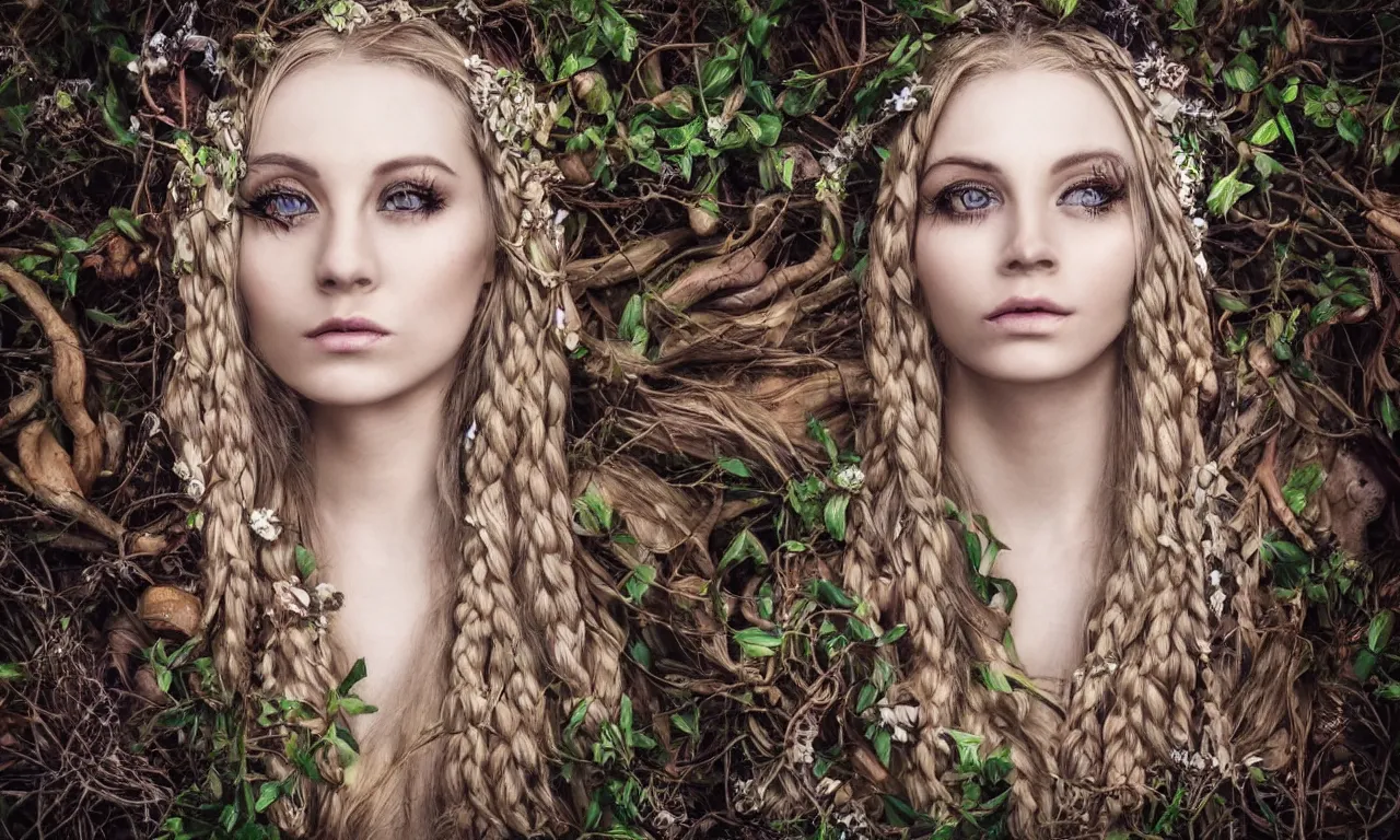 Prompt: beautiful blonde woman with plaits, hand eye, vines, third eye on forehead, forest fae, psychedelic mushrooms, magic, mystical, white witch, photorealistic, portrait, sacred geometry