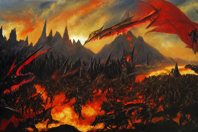 Prompt: oil painting mordor with dragons flying and knights fighting,