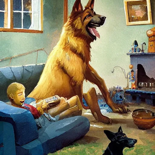 Image similar to a humanoid german shepherd beast - man, sitting and watching a soccer match in his house on television, he has hurt his knee and is a dad, by erin hanson, alexi zaitsev, karl spitzweg, award winning, tv set