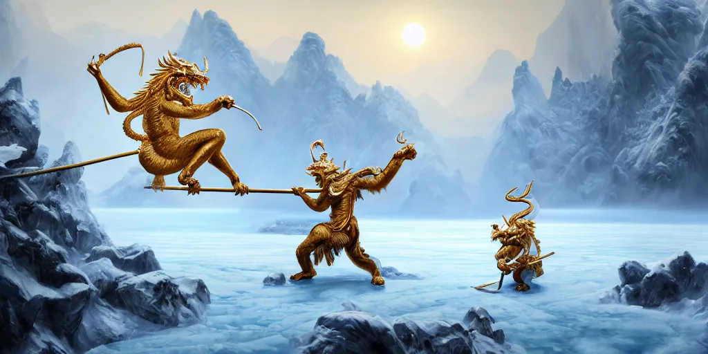 Image similar to a beautiful oil painting of a chinese dragon with white scales about the ice lake, sun wukong holding a long golden stick stand on the ice lake, surrounded by snow mountains and heavy snow, cinematic shots, aftereffects, epic, game cg style, trending on artstation, wide view, cinematic light, 8 k