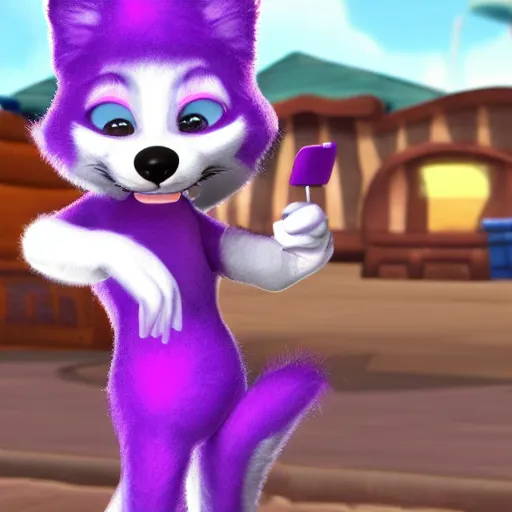 Prompt: cute Anthropromorphic purple furry fox wearing gloves and a bikini, Toontown Online