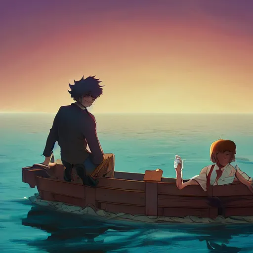 Prompt: Mark Twain as Huck Finn on a raft going down the river, ambient lighting, 4k, anime key visual, lois van baarle, ilya kuvshinov, rossdraws, artstation