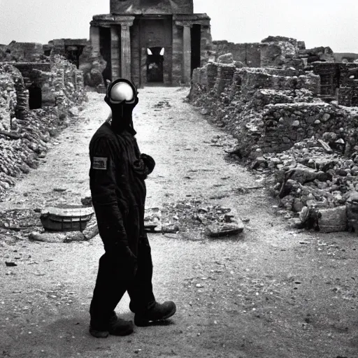 Prompt: a man wearing heavy equipment and a gasmask walking through the remains of an ancient city, surrealist, film still