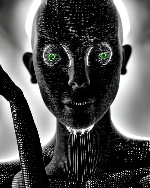 Image similar to black and white cyborg-plant goddess high quality portrait, artificial intelligence, bio-mechanical bio-luminescence, artificial spider web, neurons, nerve cells, octane render, cinematic, hyper realism, high detail, 8k, in the style of Steven Meisel and Dora Maar and H.G. Giger